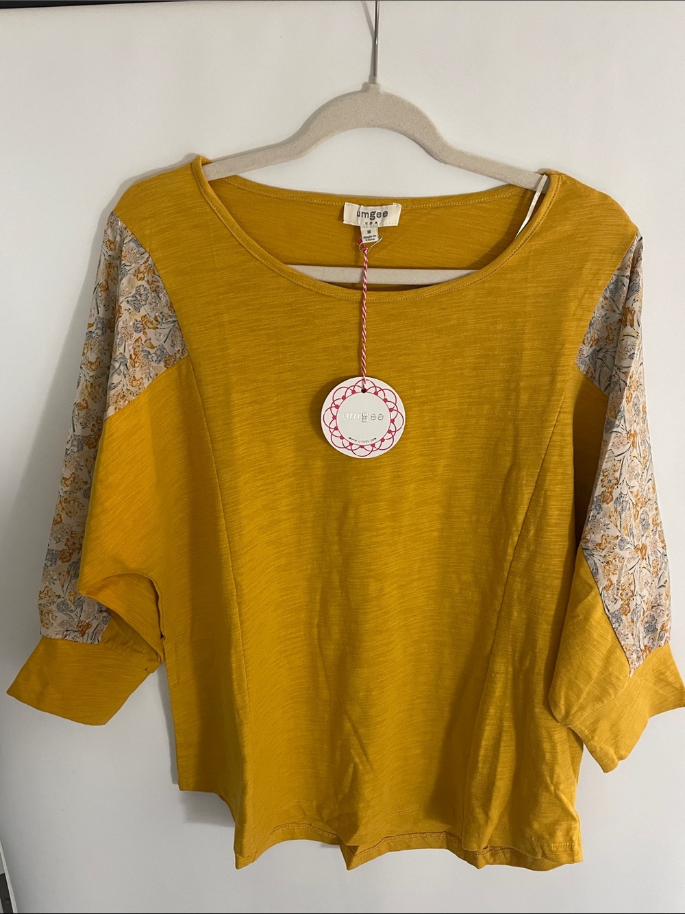 Umgee Goldenrod Boatneck Top with Floral Panel Sleeves